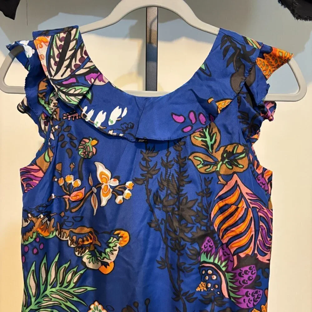 J. Crew Silk Blue Floral Ruffle Collar Sleeveless Dress V Back